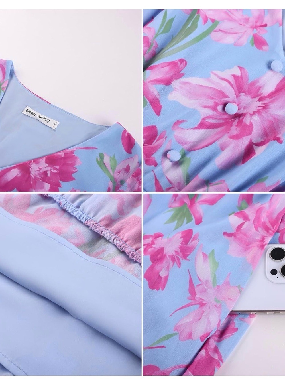 GRACE KARIN Light Blue Floral Ruffle Sleeve Maxi Dress Small - Picture 2 of 5